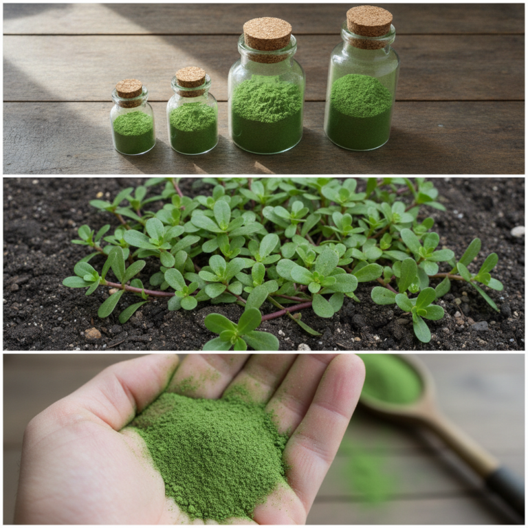 A triptych showing purslane s journey from plant to powdered supplement The top panel has bottles of green powder the mi