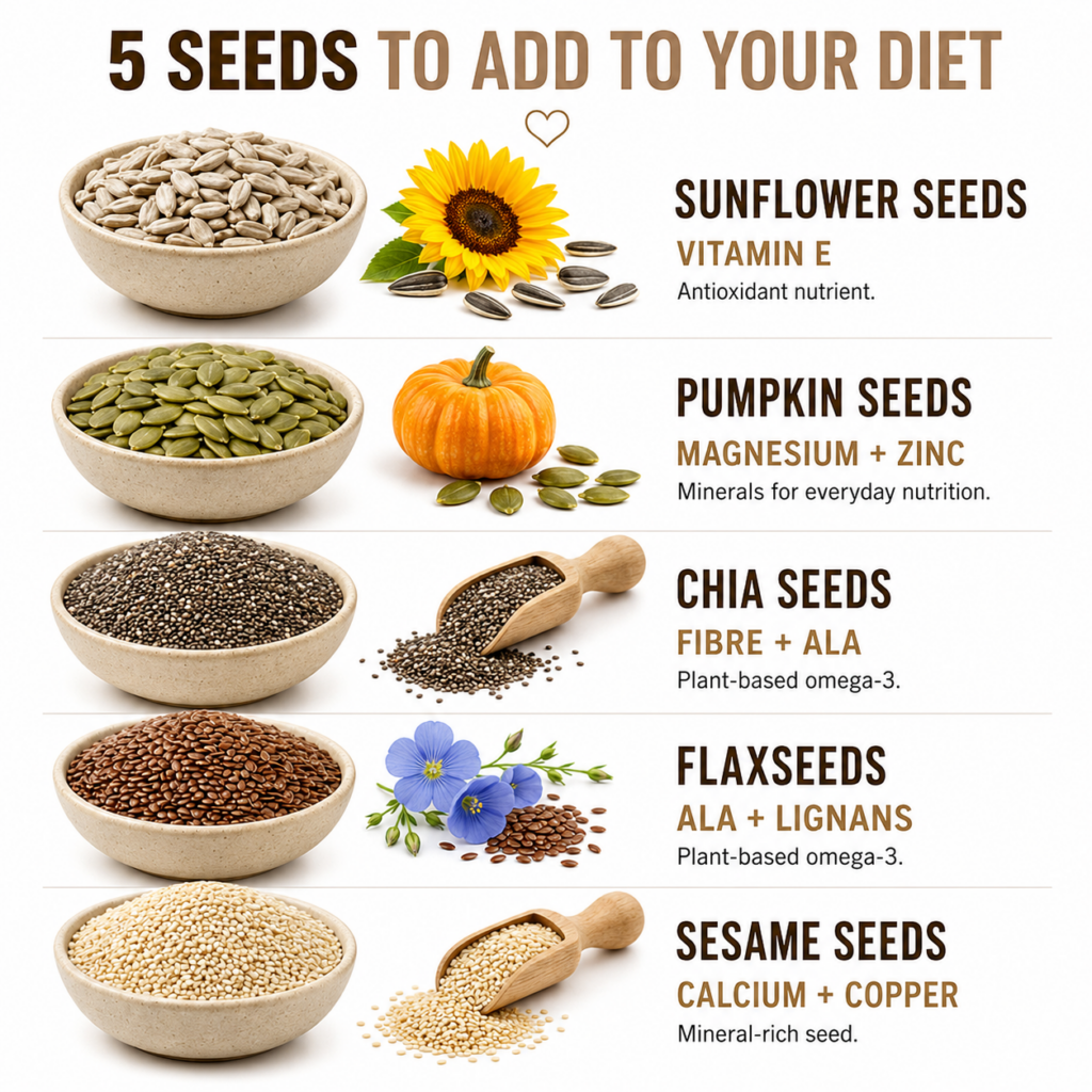 An aesthetic arrangement of five different types of seeds sunflower seeds pumpkin seeds chia seeds flaxseeds and sesame 