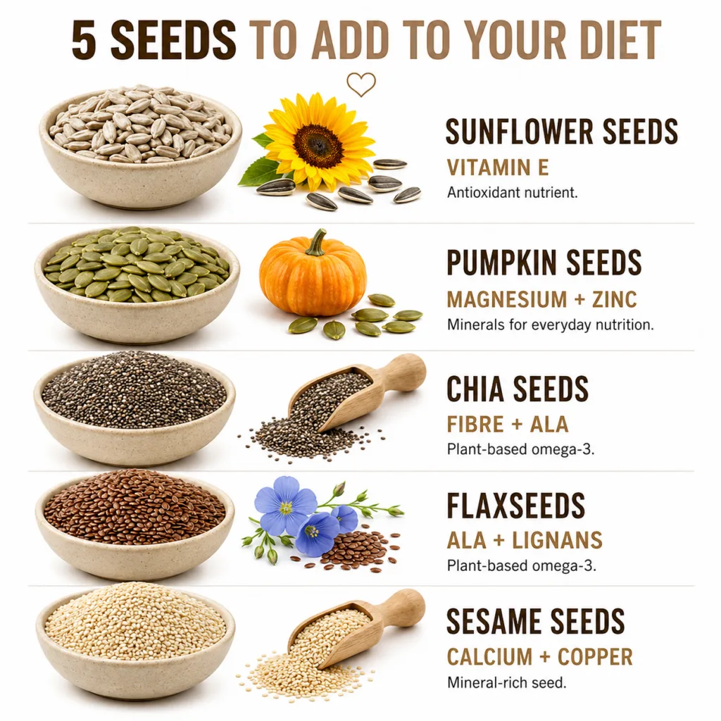 An aesthetic arrangement of five different types of seeds sunflower seeds pumpkin seeds chia seeds flaxseeds and sesame 
