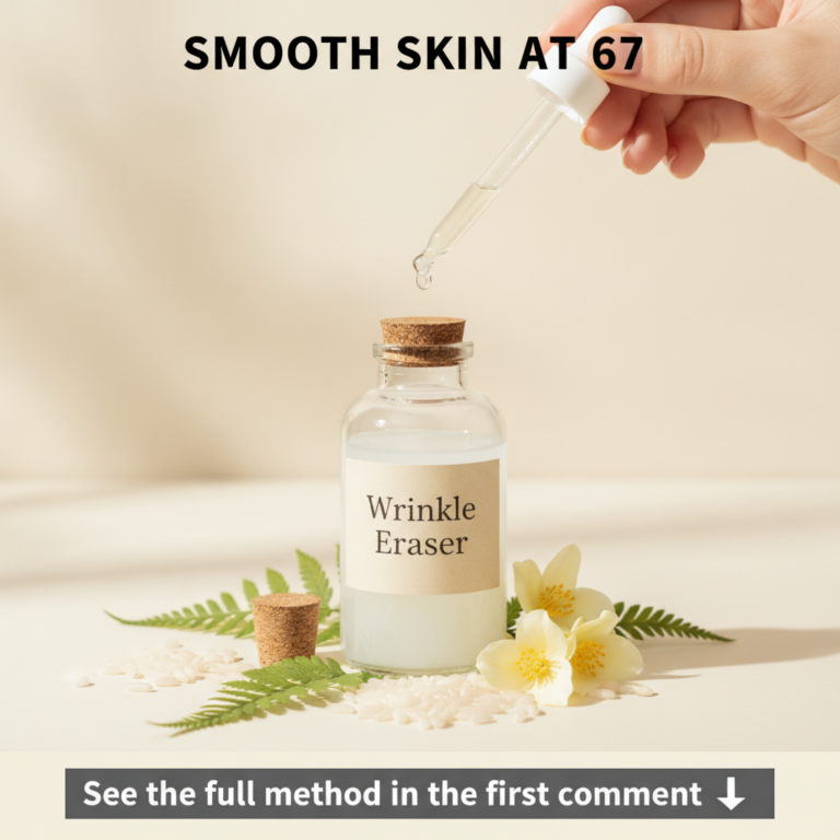 A clear glass bottle labeled Wrinkle Eraser filled with milky white liquid with a hand holding a dropper dispensing a dr