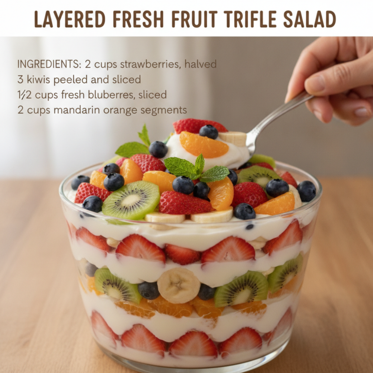 A vibrant layered fresh fruit trifle salad in a clear glass bowl featuring strawberries kiwi mandarin banana and blueber
