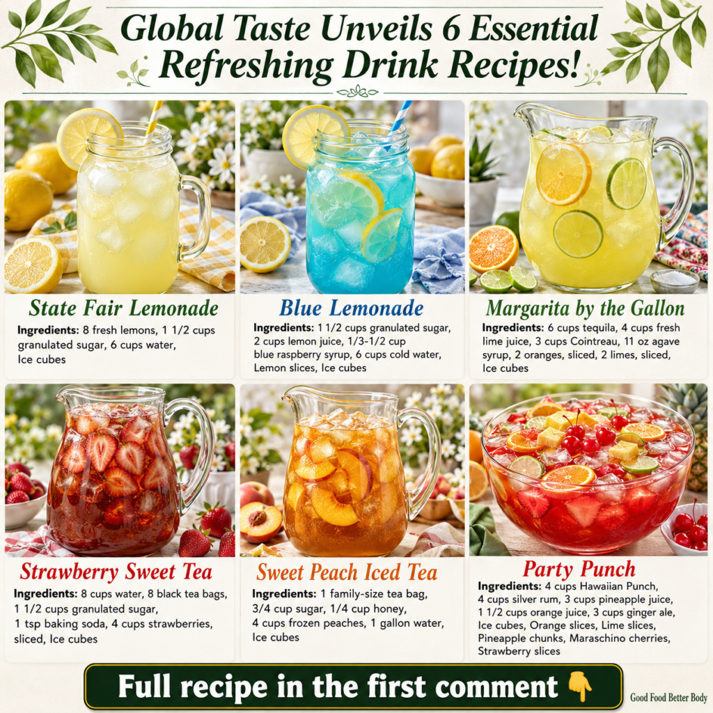 A vibrant collage of six different refreshing summer drinks each beautifully styled with ice and fruit garnishes in vari
