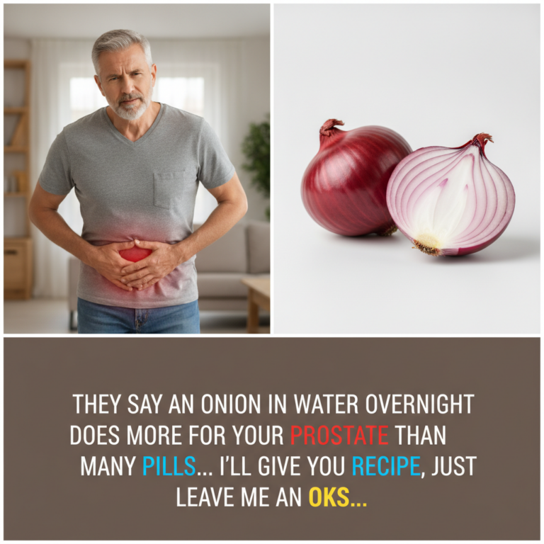 A collage depicting an older man clutching his lower abdomen in discomfort alongside an image of red onions with a text 