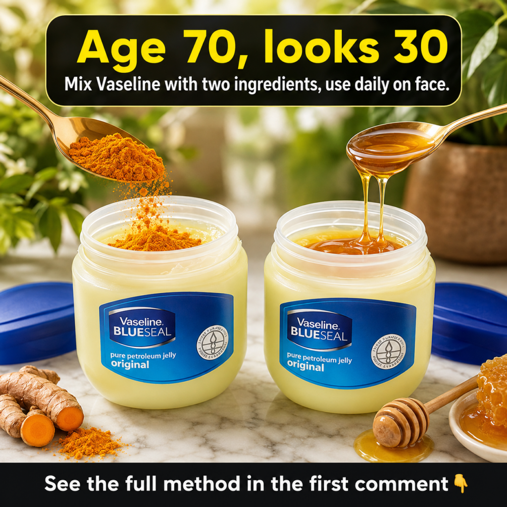 A top-down view of two open jars of Vaseline on a marble surface Turmeric powder is being poured into one and honey into