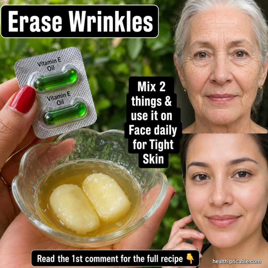A hand holding two green Vitamin E oil capsules a small bowl with yellow liquid and two white soft ingredients and befor