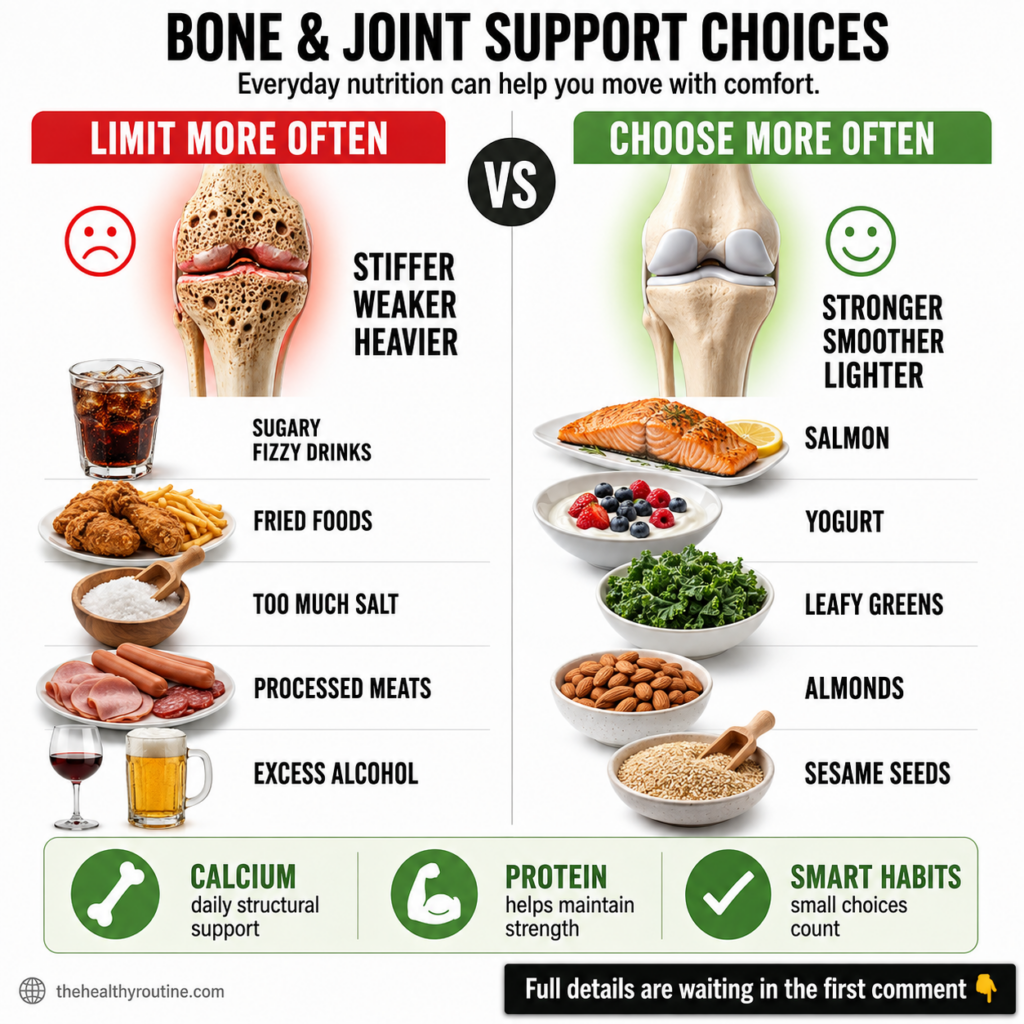 An infographic showing a healthy knee joint on one side with Choose More Often foods and a damaged knee joint on the oth