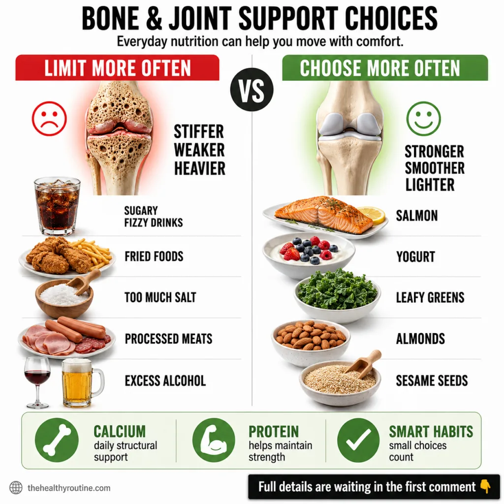 An infographic showing a healthy knee joint on one side with Choose More Often foods and a damaged knee joint on the oth