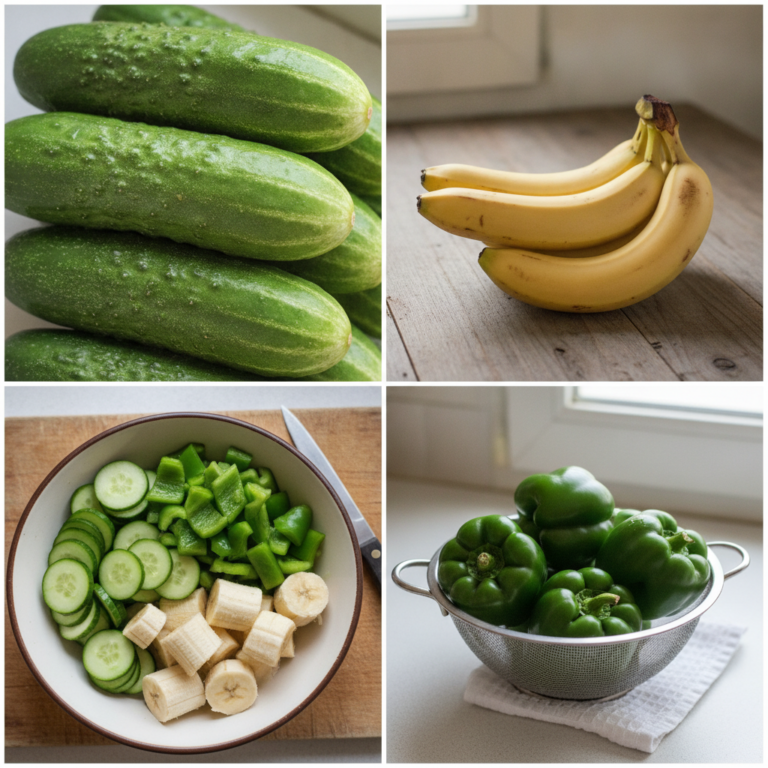 A four-panel collage featuring fresh cucumbers ripe bananas green bell peppers and a bowl with chopped ingredients for a