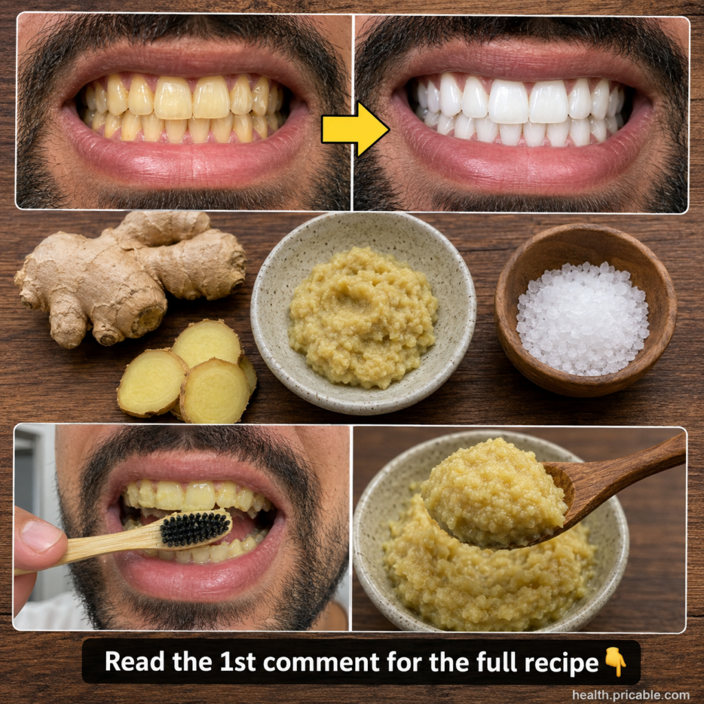 A before and after comparison of teeth showing yellowed teeth on one side and significantly whiter teeth on the other wi