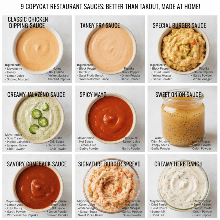An overhead flat lay of nine different copycat restaurant sauces arranged in a 3x3 grid on a light grey background each 