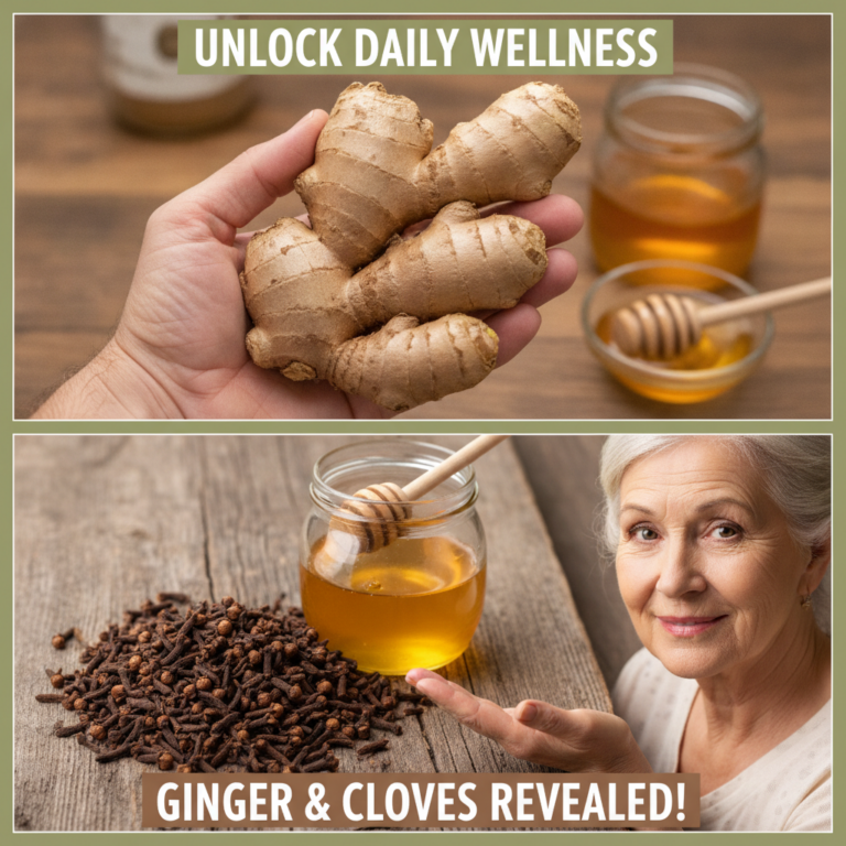 A two-panel composite showing a hand holding fresh ginger root jars of honey dried cloves and an older woman smiling and