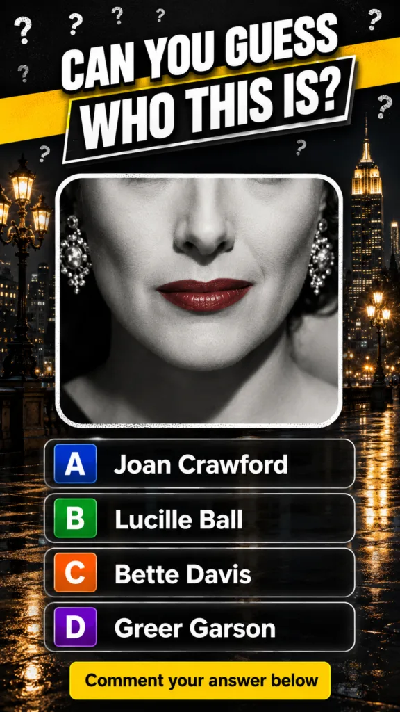 The original quiz image showing a black and white close-up of a woman s lower face with red lips and an earring framed b