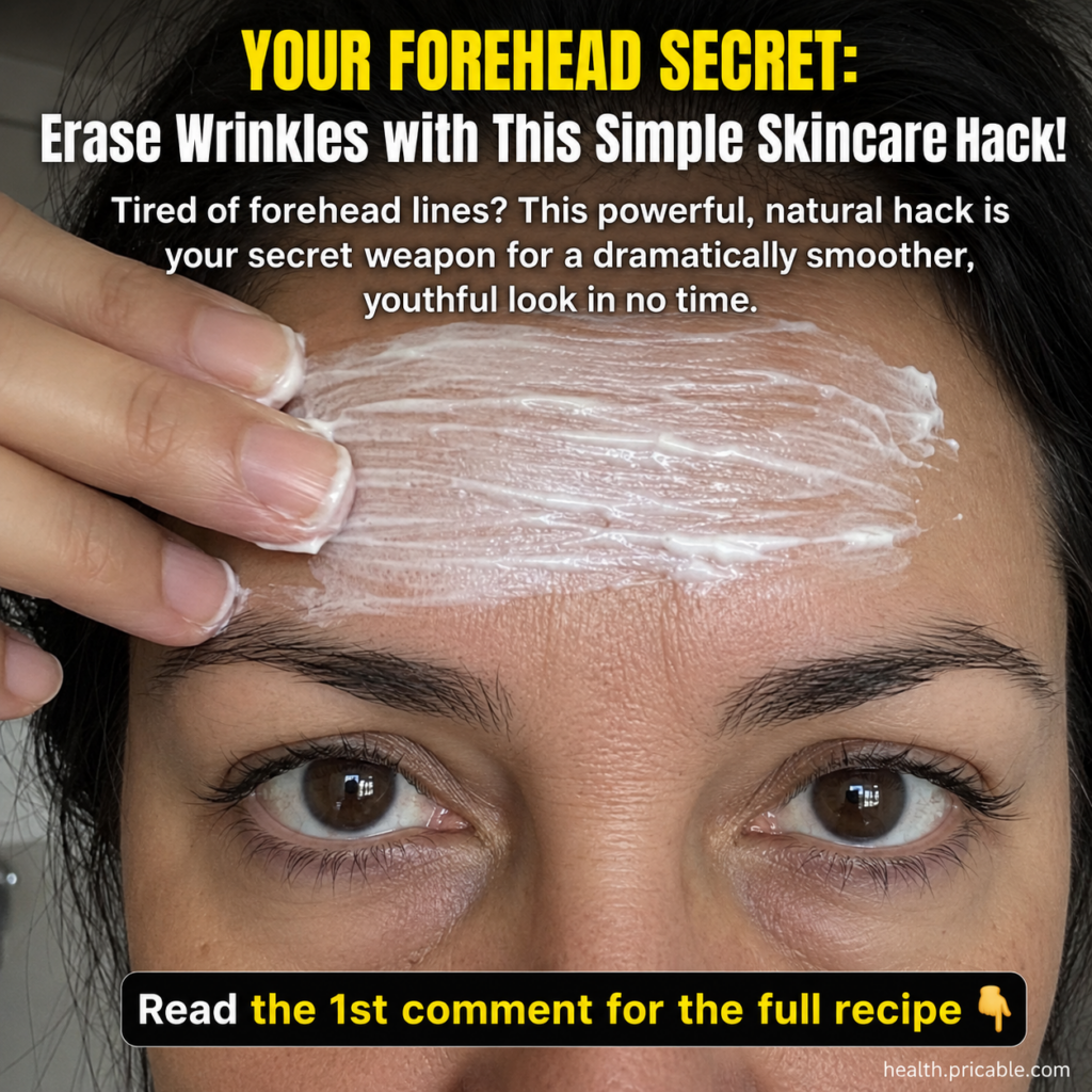 A woman gently applying a white creamy DIY mask to her forehead with her fingertips focusing on smoothing lines Her eyes