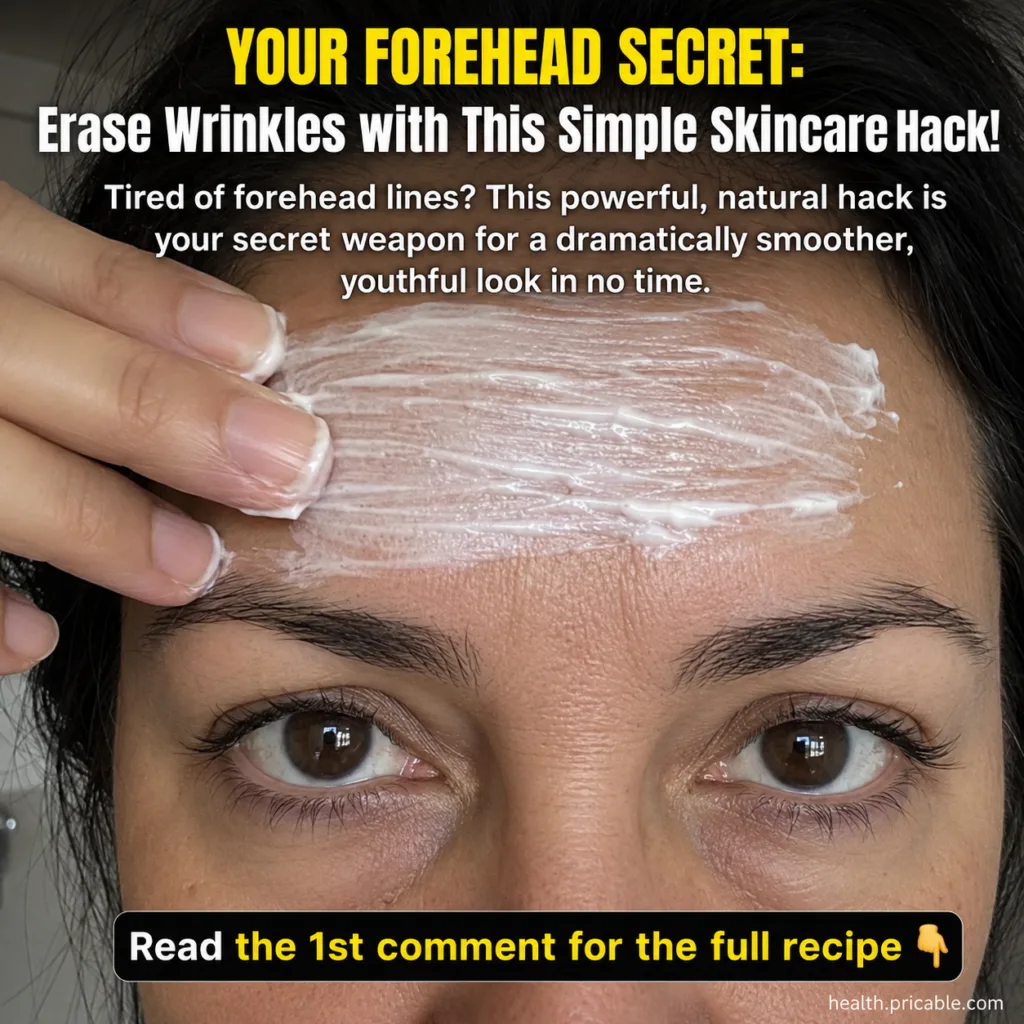 A woman gently applying a white creamy DIY mask to her forehead with her fingertips focusing on smoothing lines Her eyes