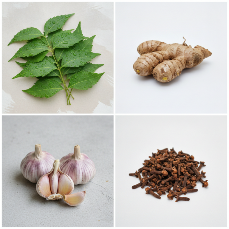 A four-panel collage featuring fresh neem leaves sliced ginger root peeled garlic cloves and whole cloves all arranged o