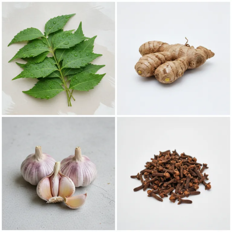 A four-panel collage featuring fresh neem leaves sliced ginger root peeled garlic cloves and whole cloves all arranged o