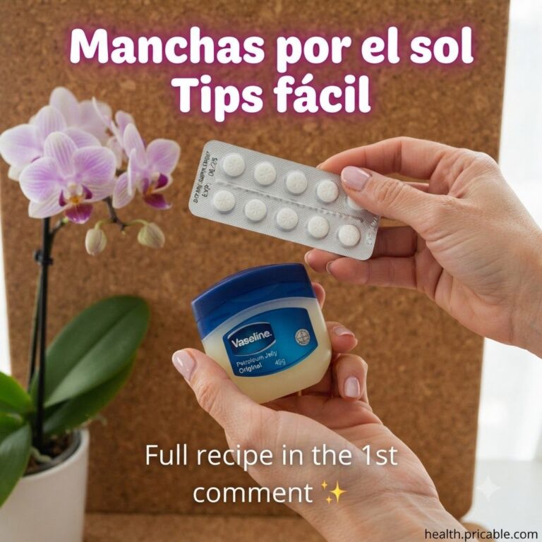 Hands holding a jar of Vaseline and a blister pack of white pills with text overlays about sun spot tips
