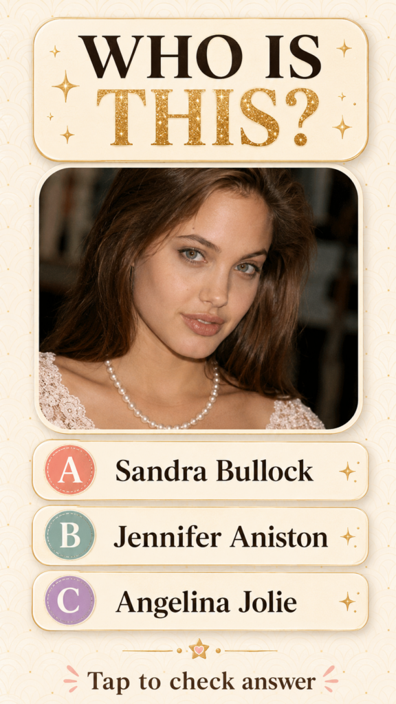 A celebrity trivia quiz image featuring a close-up portrait of a young Angelina Jolie with striking blue-green eyes long