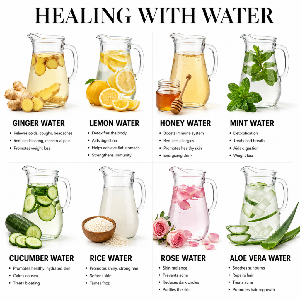 An infographic titled HEALING WITH WATER showcasing eight different infused water recipes in clear glass pitchers each w