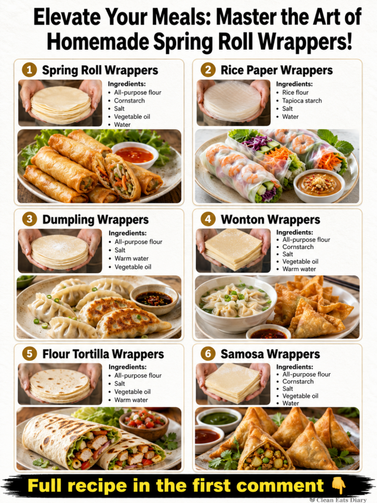 A stack of thin translucent homemade spring roll wrappers on a light surface with a small bowl of flour and water in the