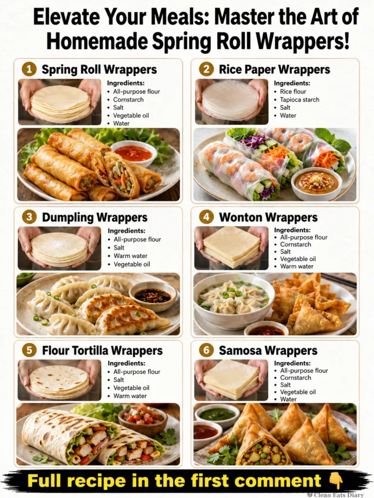 A stack of thin translucent homemade spring roll wrappers on a light surface with a small bowl of flour and water in the