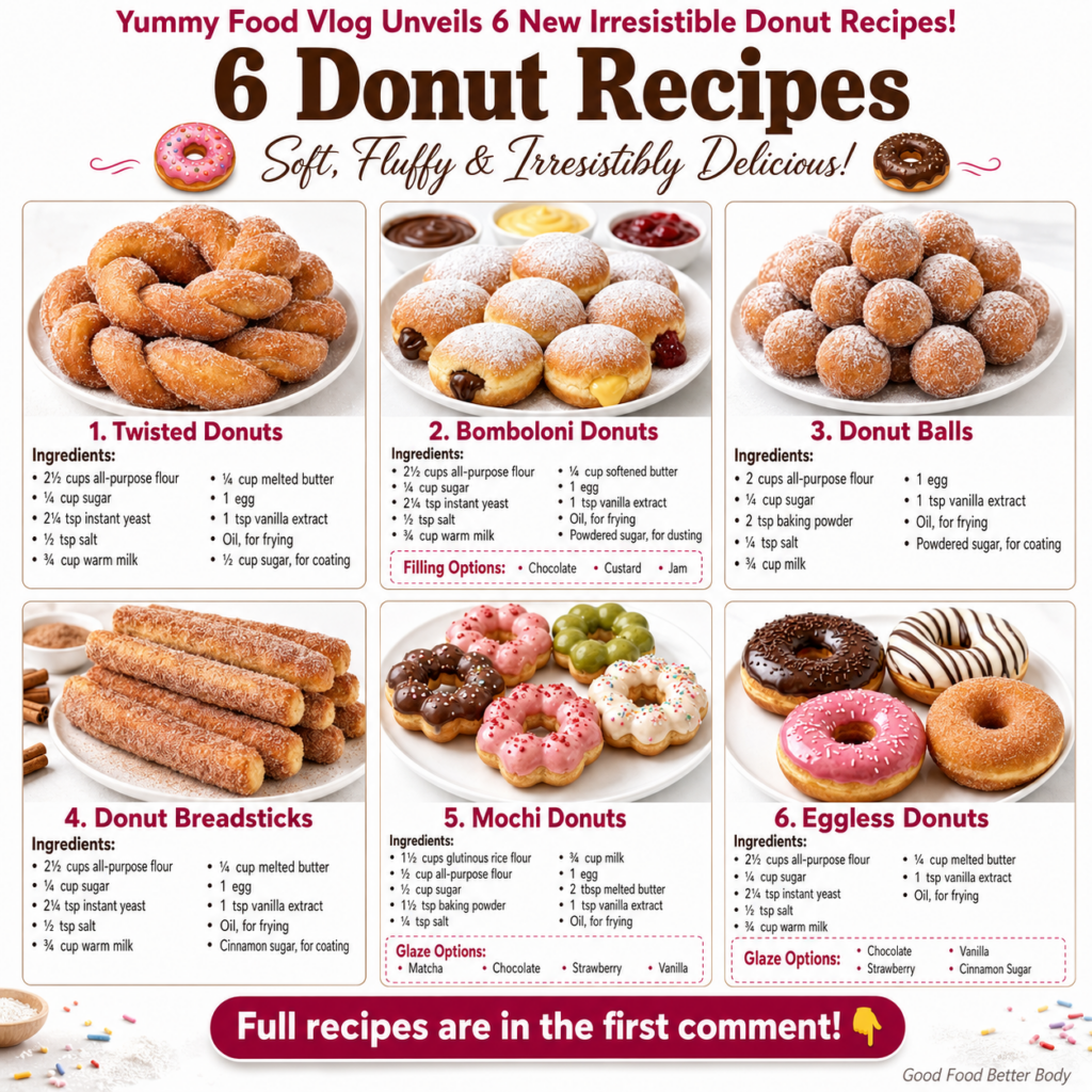 A vibrant grid of six different types of donuts Twisted Donuts Bomboloni Donut Balls Donut Breadsticks Mochi Donuts and 
