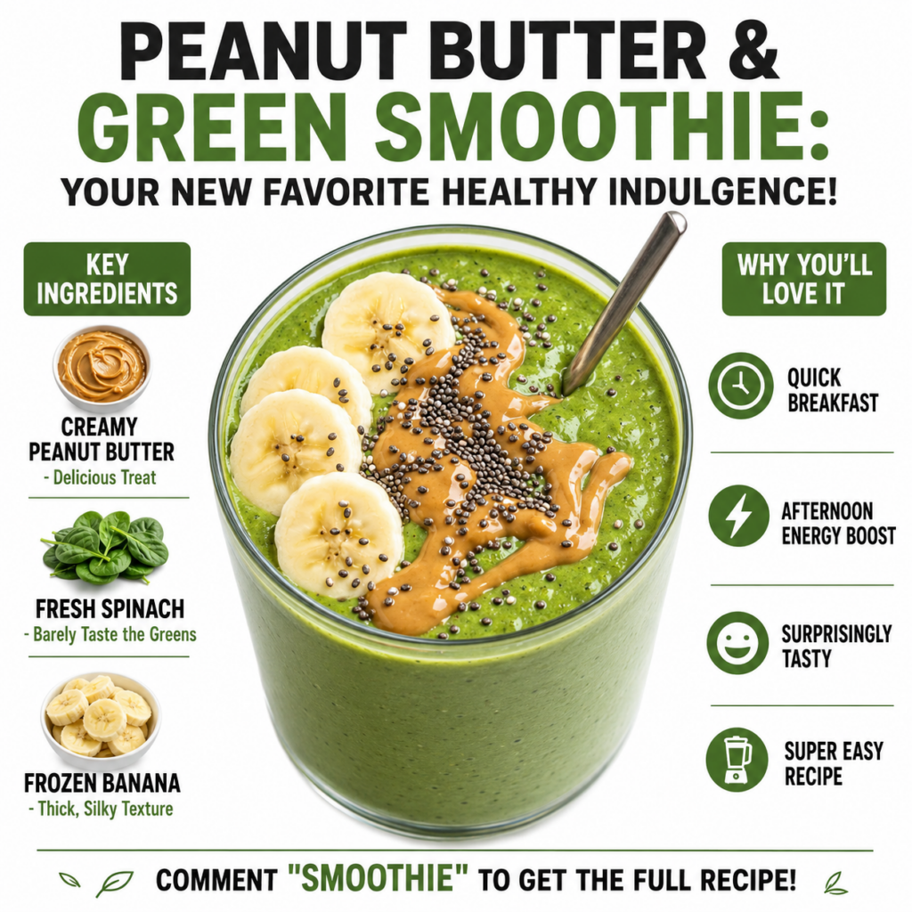 A vibrant green smoothie topped with banana slices peanut butter swirl and chia seeds in a glass with a spoon