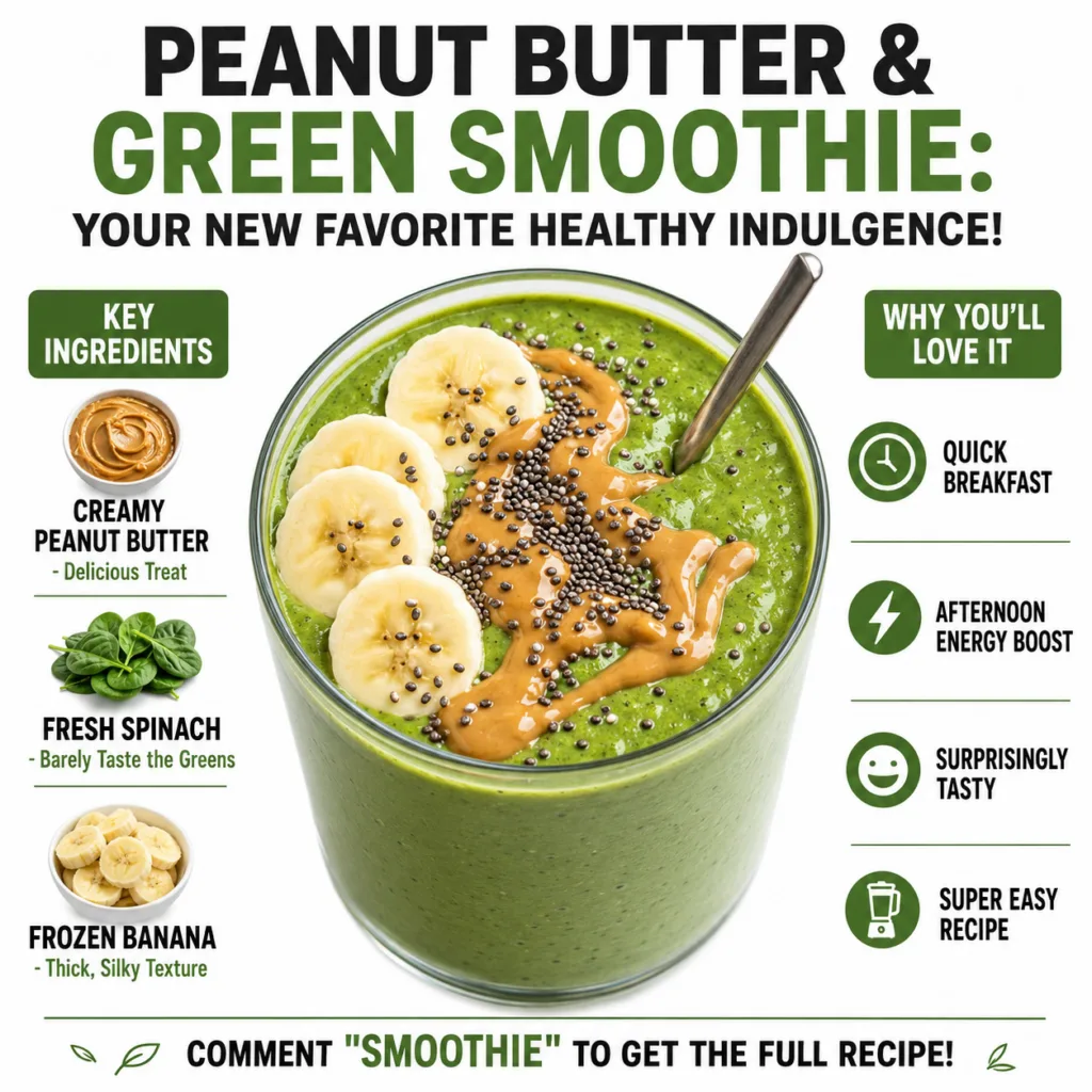 A vibrant green smoothie topped with banana slices peanut butter swirl and chia seeds in a glass with a spoon