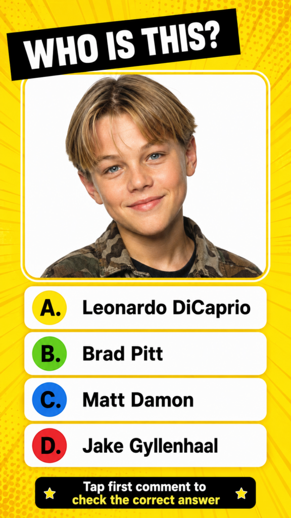 A vibrant interactive quiz image featuring a central portrait of a young Leonardo DiCaprio framed in white and yellow wi