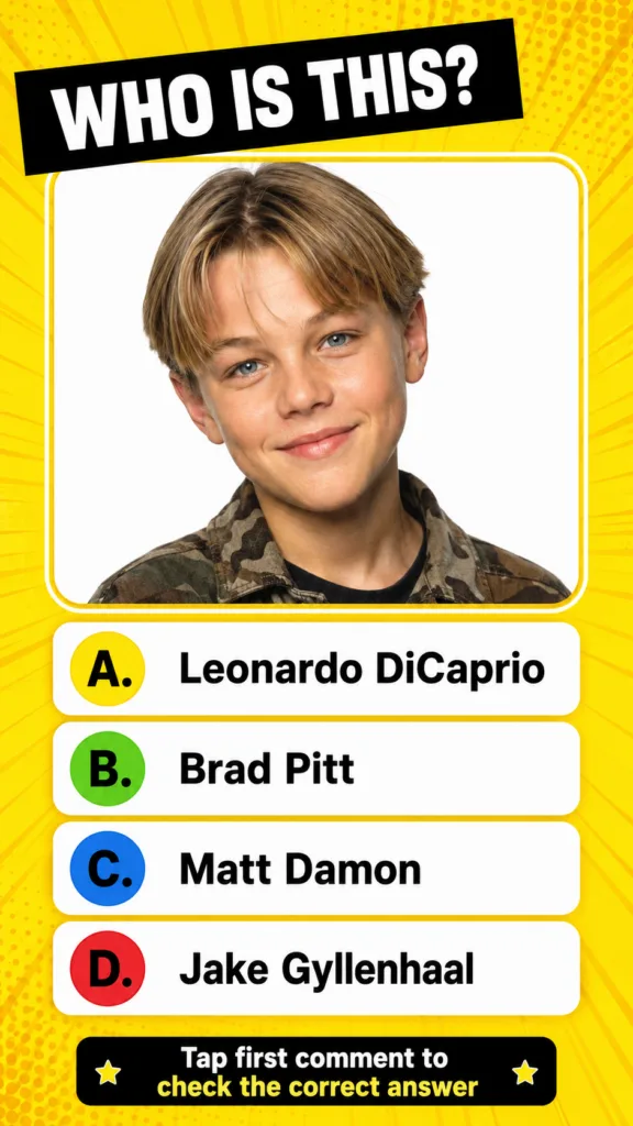 A vibrant interactive quiz image featuring a central portrait of a young Leonardo DiCaprio framed in white and yellow wi
