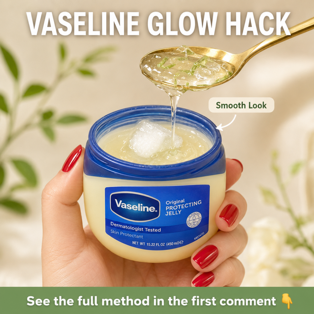 A hand holding an open jar of Vaseline with a golden spoon dripping a clear gel with small green particles into it The i