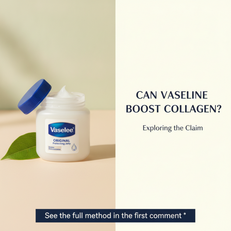 A jar of Vaseline with a green leaf next to text asking CAN VASELINE BOOST COLLAGEN