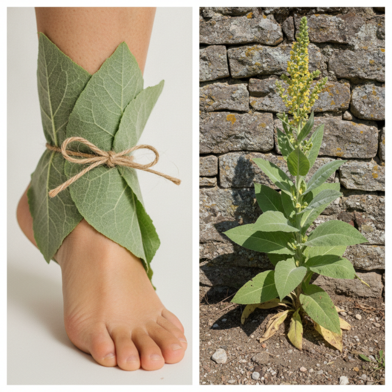 A diptych showing on the left a human ankle wrapped in large green leaves and on the right a Mullein plant with yellow f