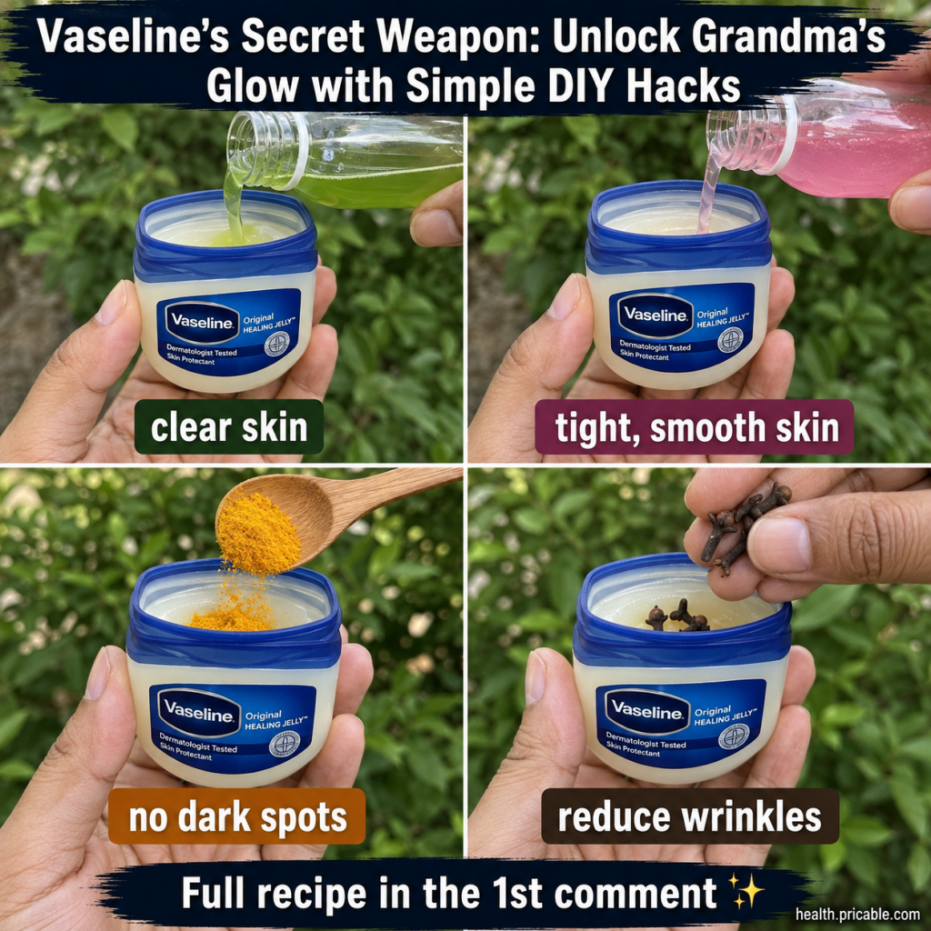 A collage of four panels each showing hands mixing Vaseline with a different ingredient for a DIY beauty hack Top left g
