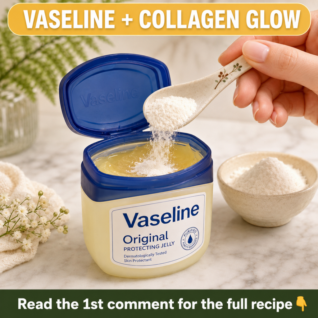 A close-up shot of a hand gently pouring white collagen powder from a small ceramic spoon into an open tub of Vaseline O
