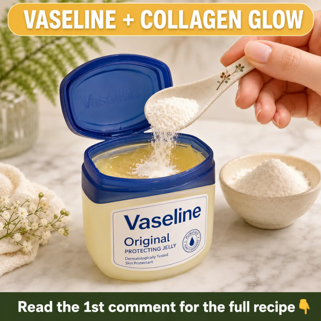 A close-up shot of a hand gently pouring white collagen powder from a small ceramic spoon into an open tub of Vaseline O