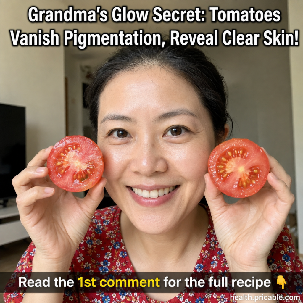 A smiling woman holding two halves of a red tomato to her cheeks suggesting a natural beauty remedy