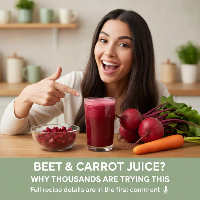 A smiling woman pointing to a glass of vibrant beet and carrot juice with fresh beets and carrots on a counter in a brig