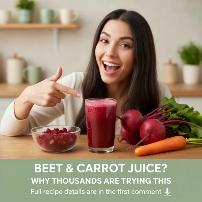 A smiling woman pointing to a glass of vibrant beet and carrot juice with fresh beets and carrots on a counter in a brig