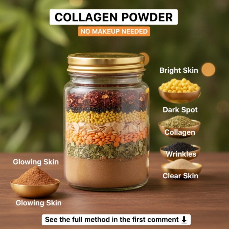 A clear glass jar with colorful layers of dry ingredients for DIY collagen powder on a wooden surface Around it are smal