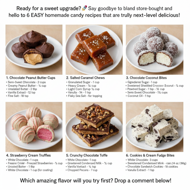 A visual collage showcasing six distinct homemade candy recipes arranged in a clean grid with a headline and call-to-act