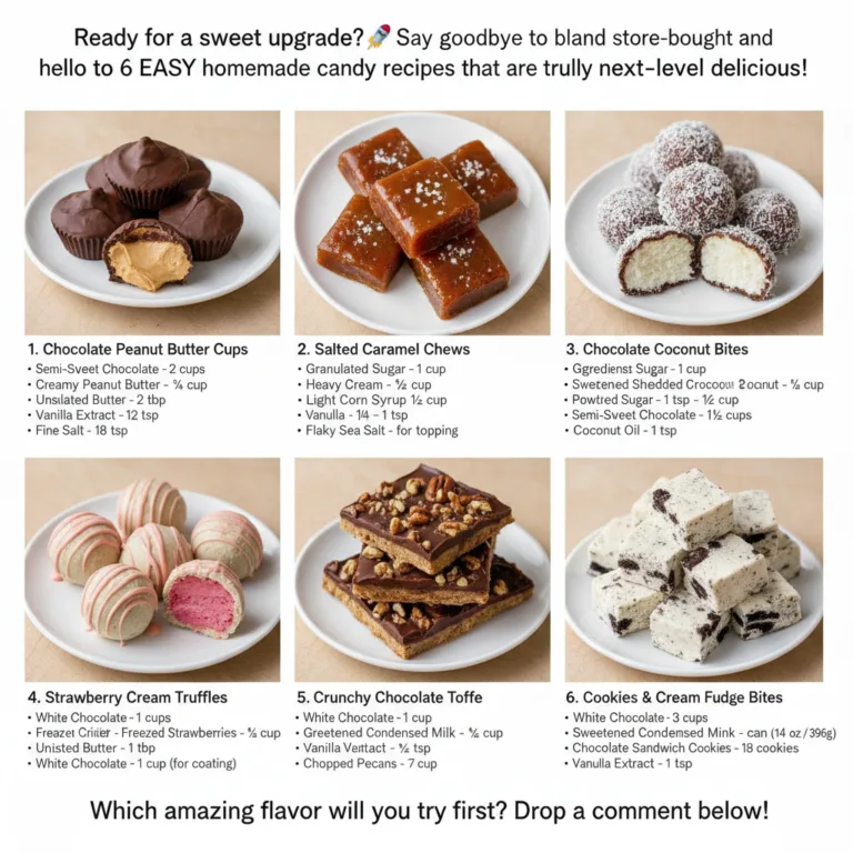 A visual collage showcasing six distinct homemade candy recipes arranged in a clean grid with a headline and call-to-act