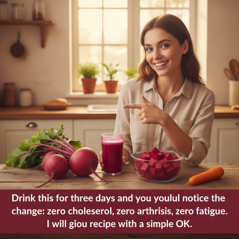 A smiling young woman pointing at a glass of vibrant beetroot and carrot juice with fresh beets and carrots on a rustic