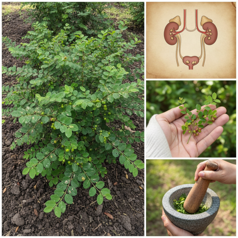A four-panel collage about the Stonebreaker herb Phyllanthus niruri and kidney health The main panel shows a lush green