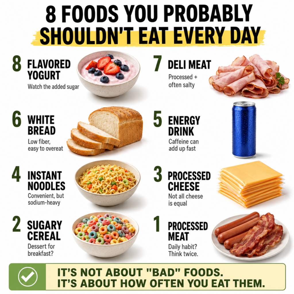 Infographic showing 8 foods to limit daily with images of flavored yogurt deli meat white bread energy drink instant noo
