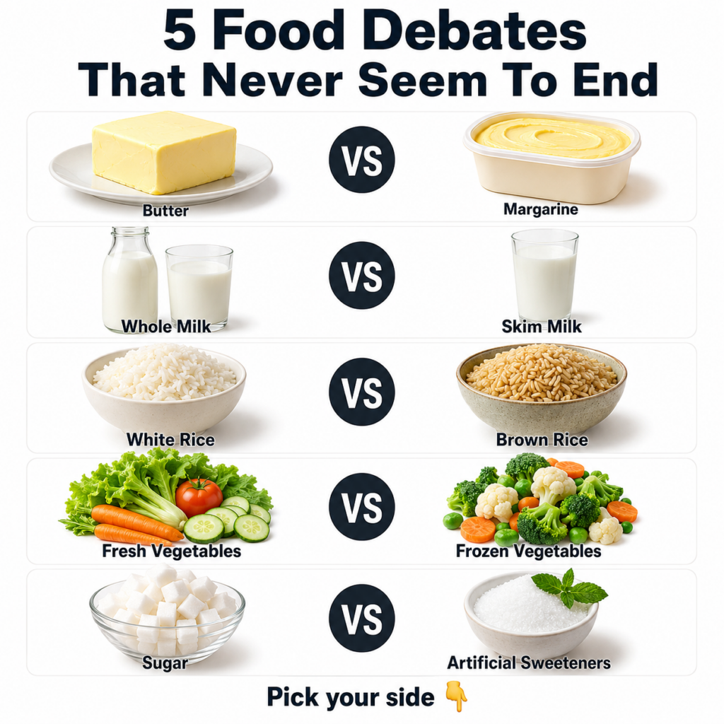 An infographic titled 5 Food Debates That Never Seem To End showing five horizontal rows Each row displays two food item