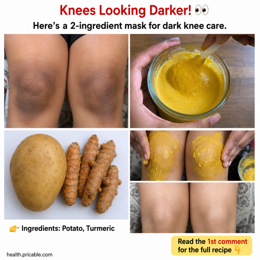 A multi-panel image showing before-and-after dark knees with a potato turmeric and the application of a yellow mask to t