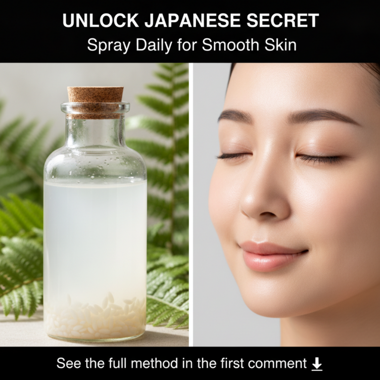 A clear glass bottle with cork stopper holding cloudy rice water with rice grains settled at the bottom against a backgr