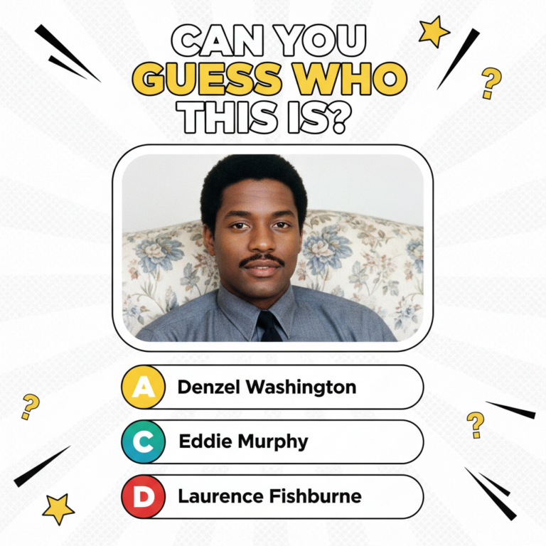A vibrant trivia quiz graphic titled CAN YOU GUESS WHO THIS IS featuring a vintage portrait of a young Denzel Washington