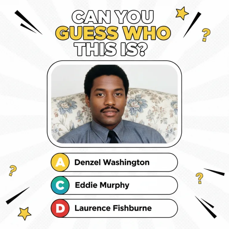 A vibrant trivia quiz graphic titled CAN YOU GUESS WHO THIS IS featuring a vintage portrait of a young Denzel Washington
